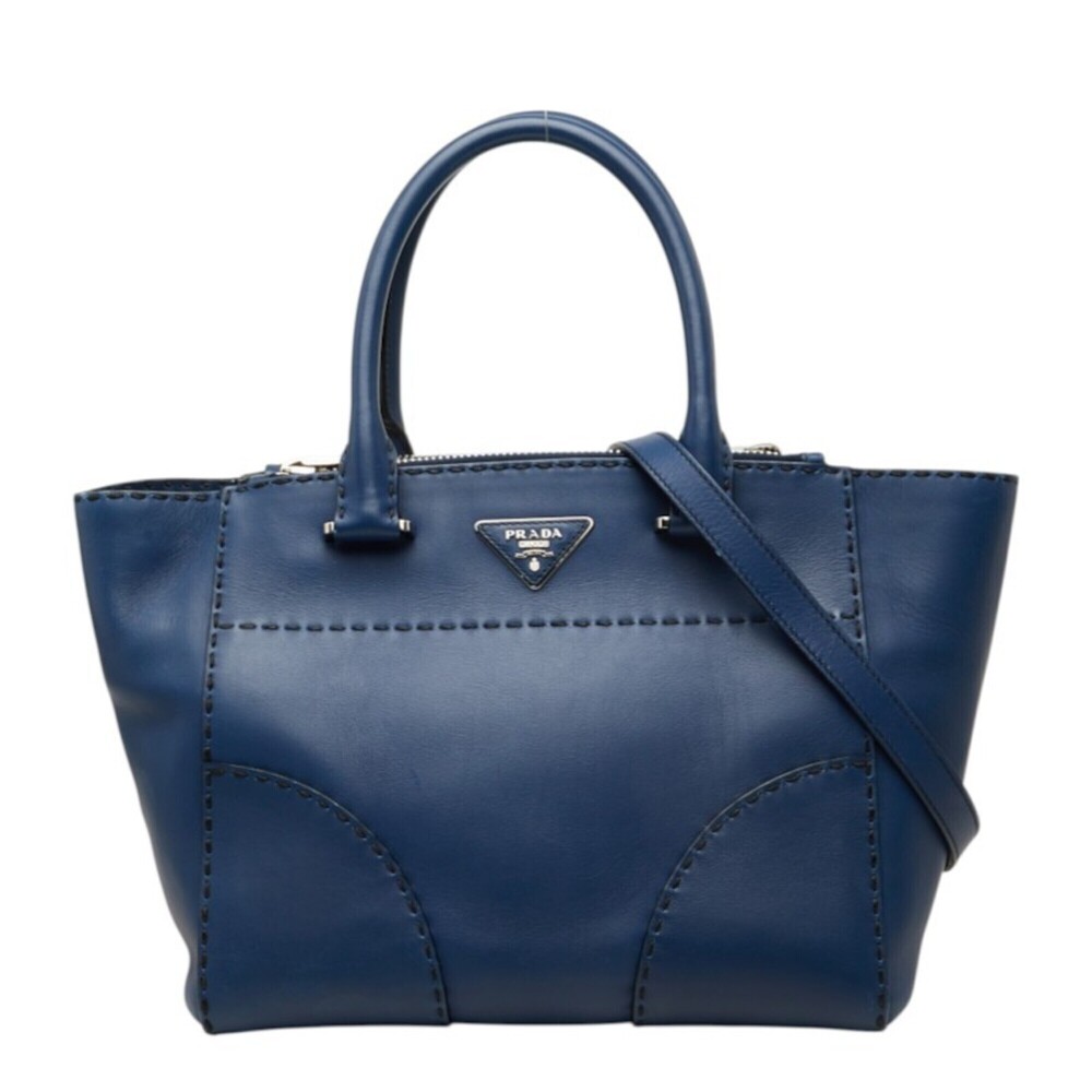 Prada Triangle Logo Plate Handbag Shoulder Bag 2WAY B2861K Navy Leather Women...